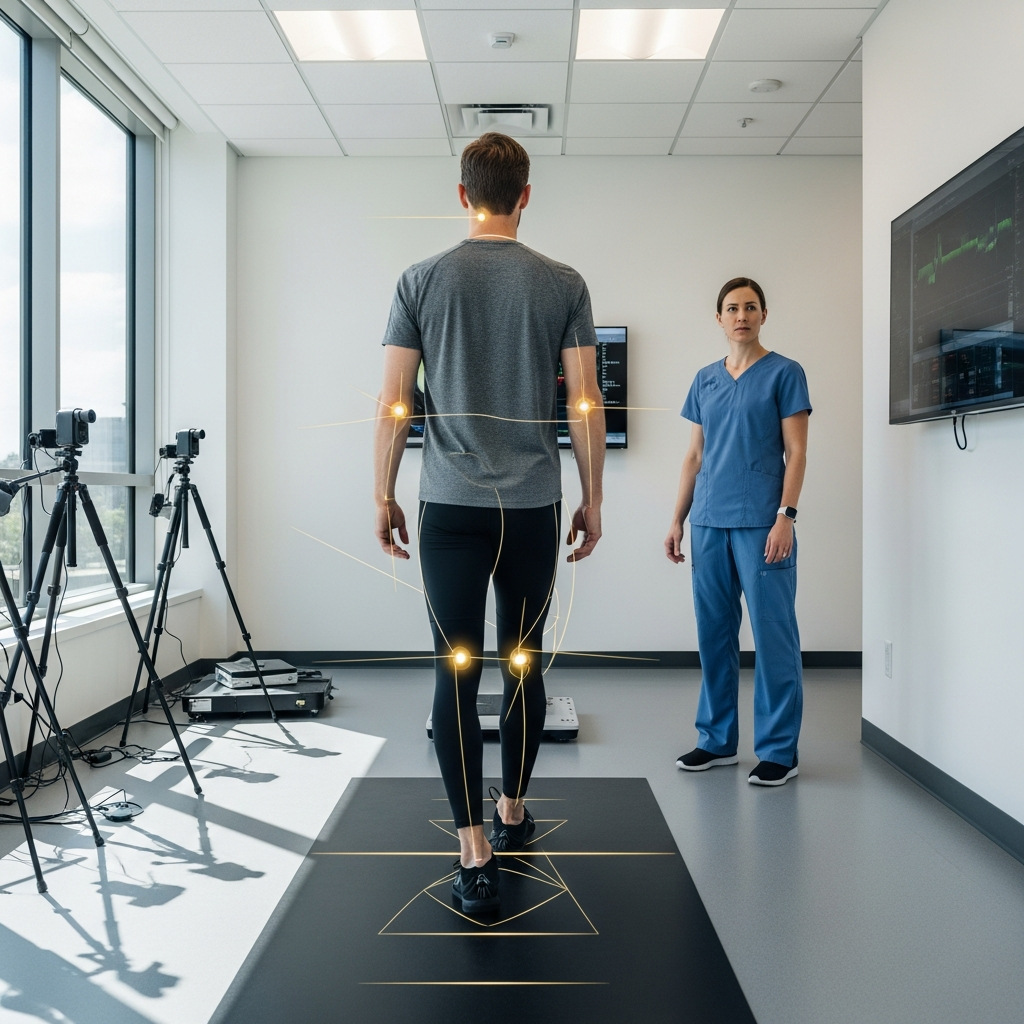 Professionnel réalisant un bilan postural en position statique et en mouvement afin d'identifier les désalignements, les compensations musculaires et de définir une prise en charge personnalisée.