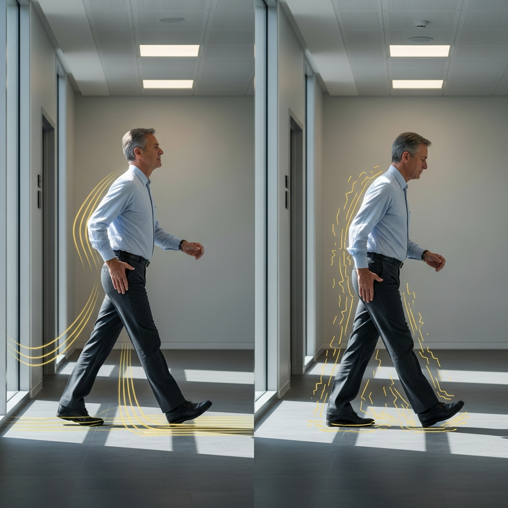 Patient présentant une fatigue posturale en fin de journée lors d'un bilan postural, illustrant l'influence de la fatigue musculaire sur l'équilibre et les compensations du corps.