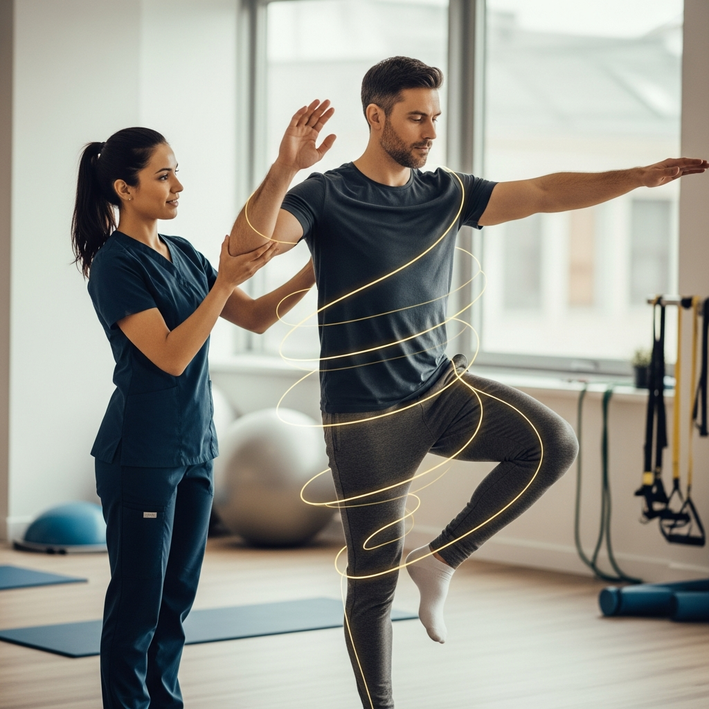 Professionnel évaluant la posture d'un patient afin d'illustrer le rôle du cerveau dans l'organisation de la stratégie posturale et l'adaptation du mouvement.